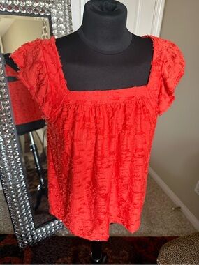 LC Lauren Conrad Red Textured Square-Neck Blouse
